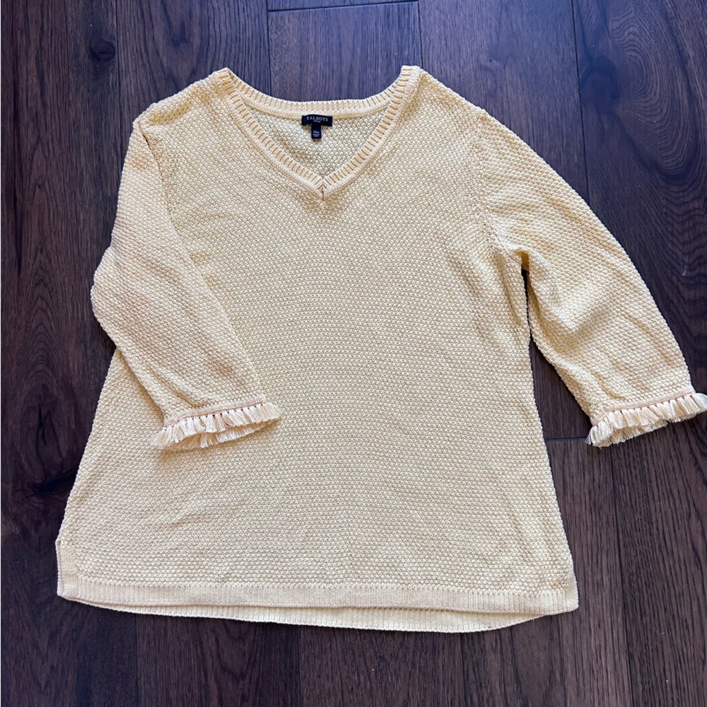 Talbots Yellow Knit Sweater with Fringe Sleeve Detail